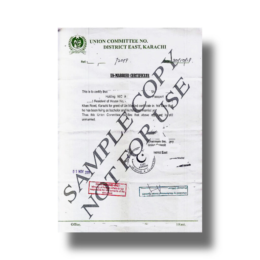 nadra unmarried certificate karachi