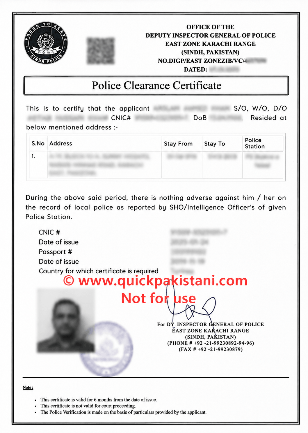 sample for police clearance certificate from Karachi